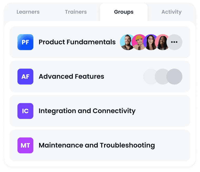 Group list with categories and avatars