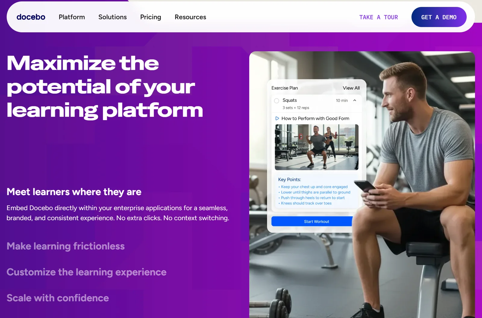 Docebo homepage: "Maximize the potential of your learning platform," an enterprise learning platform