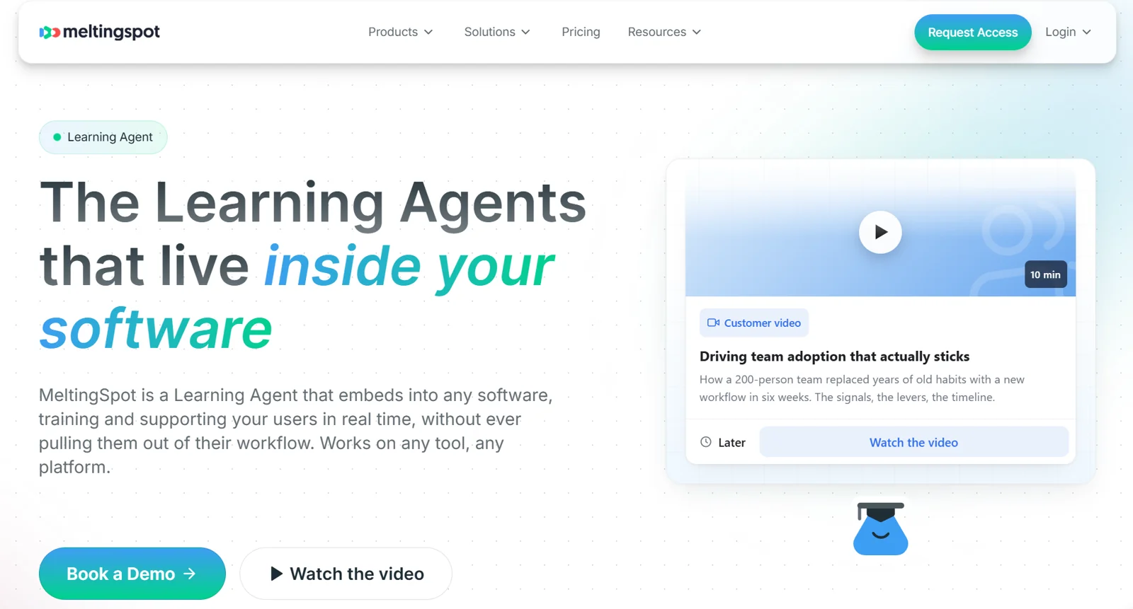 MeltingSpot homepage: "The Learning Agents that live inside your software," in-app contextual coaching