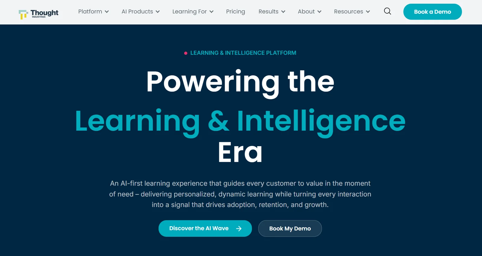 Thought Industries homepage: "Powering the Learning & Intelligence Era," a customer learning platform