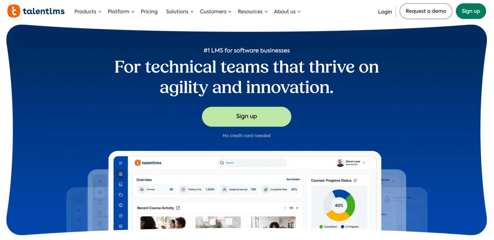 TalentLMS homepage: "For technical teams that thrive on agility and innovation," a course platform