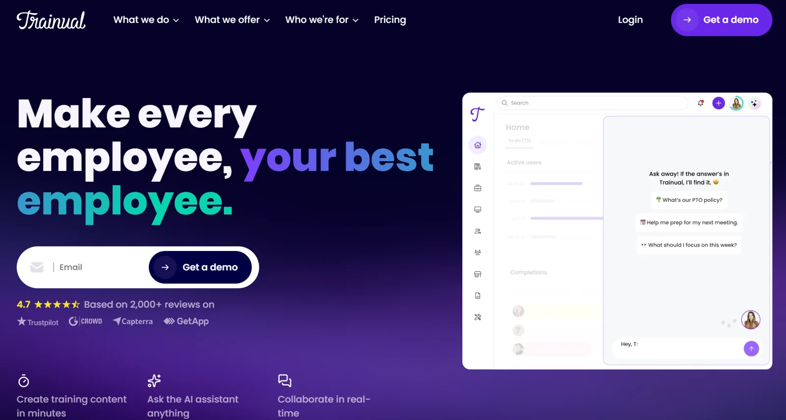Trainual homepage: "Make every employee, your best employee," an internal process and onboarding tool