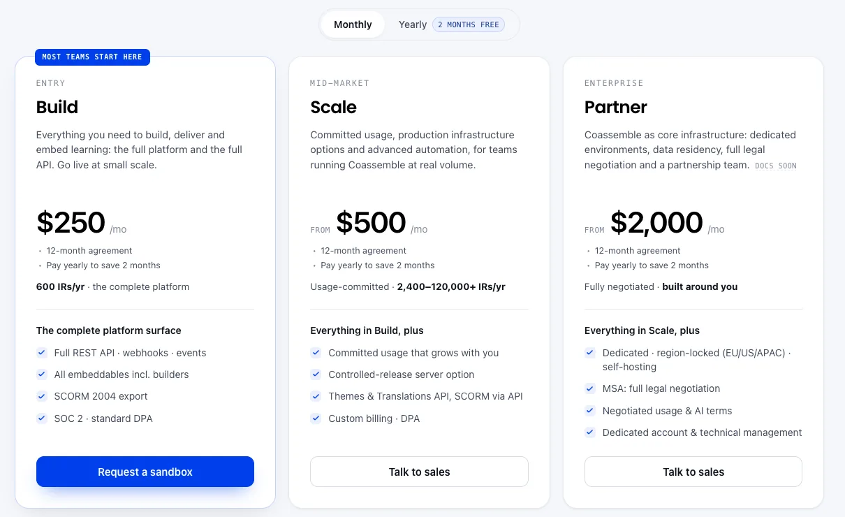 Coassemble pricing: Build, Scale and Partner tiers, each with the complete platform and full API