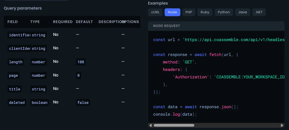 Coassemble developer docs: query parameters and multi-language code examples for the embed API