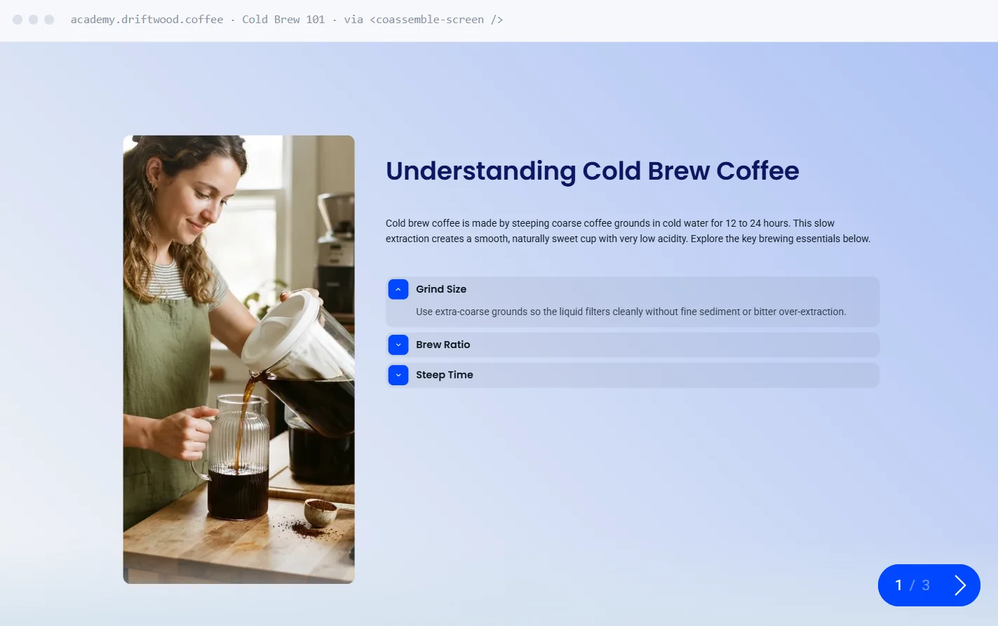 An API-driven embedded course player rendering a "Understanding Cold Brew Coffee" lesson natively inside a product via a coassemble-screen component
