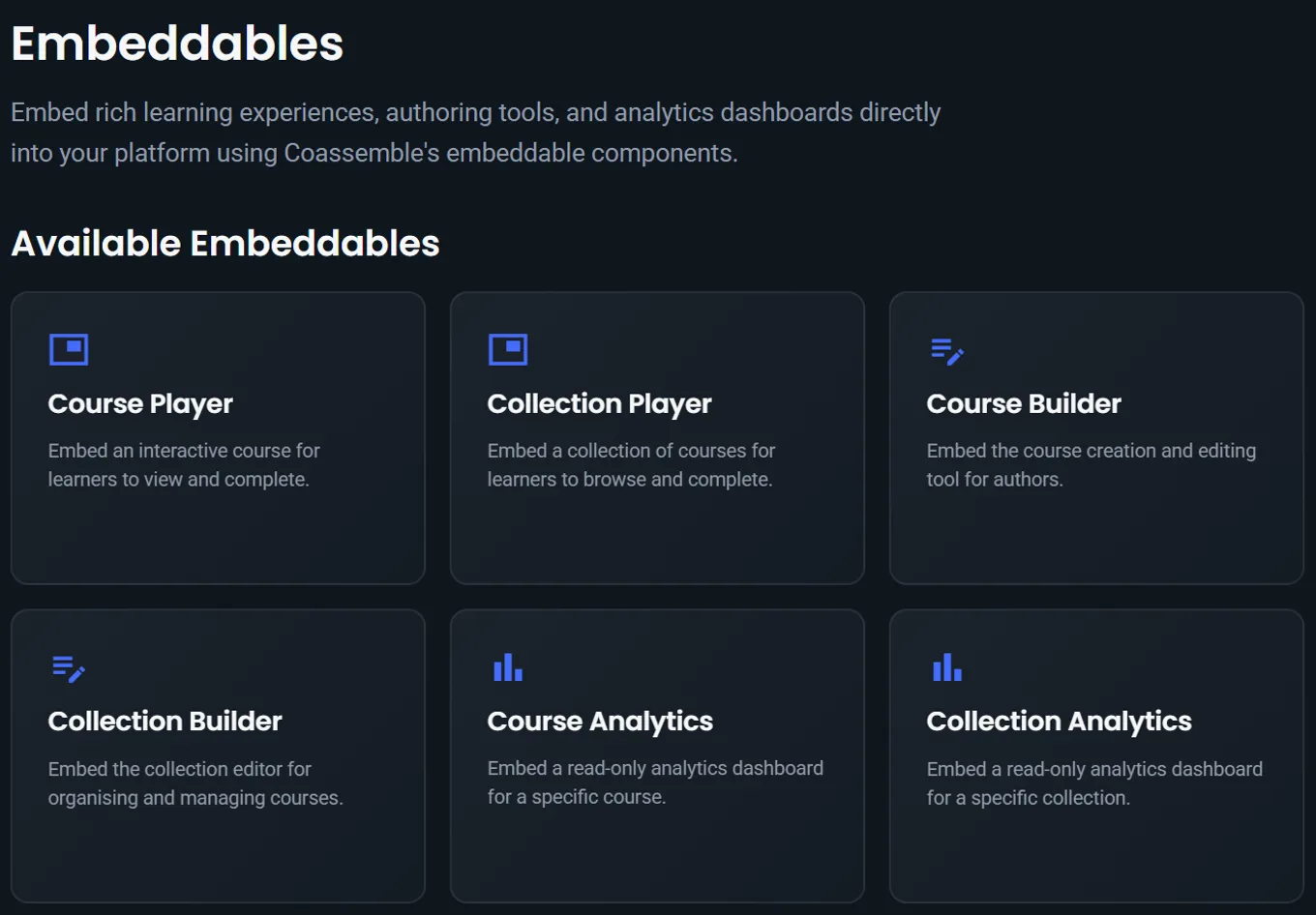 Coassemble's available embeddables: course player, collection player, course builder, collection builder, course analytics, and collection analytics