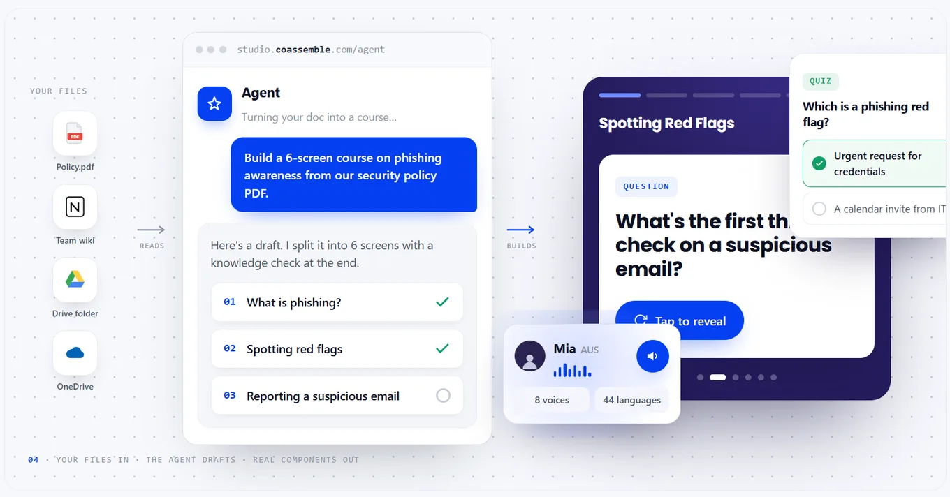 Your files go in, the AI agent drafts a course, and real course components come out — player, quiz, and narration