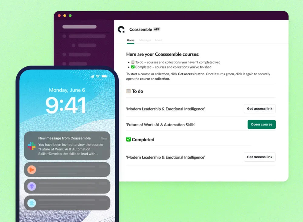 Coassemble courses delivered in Slack with a mobile notification