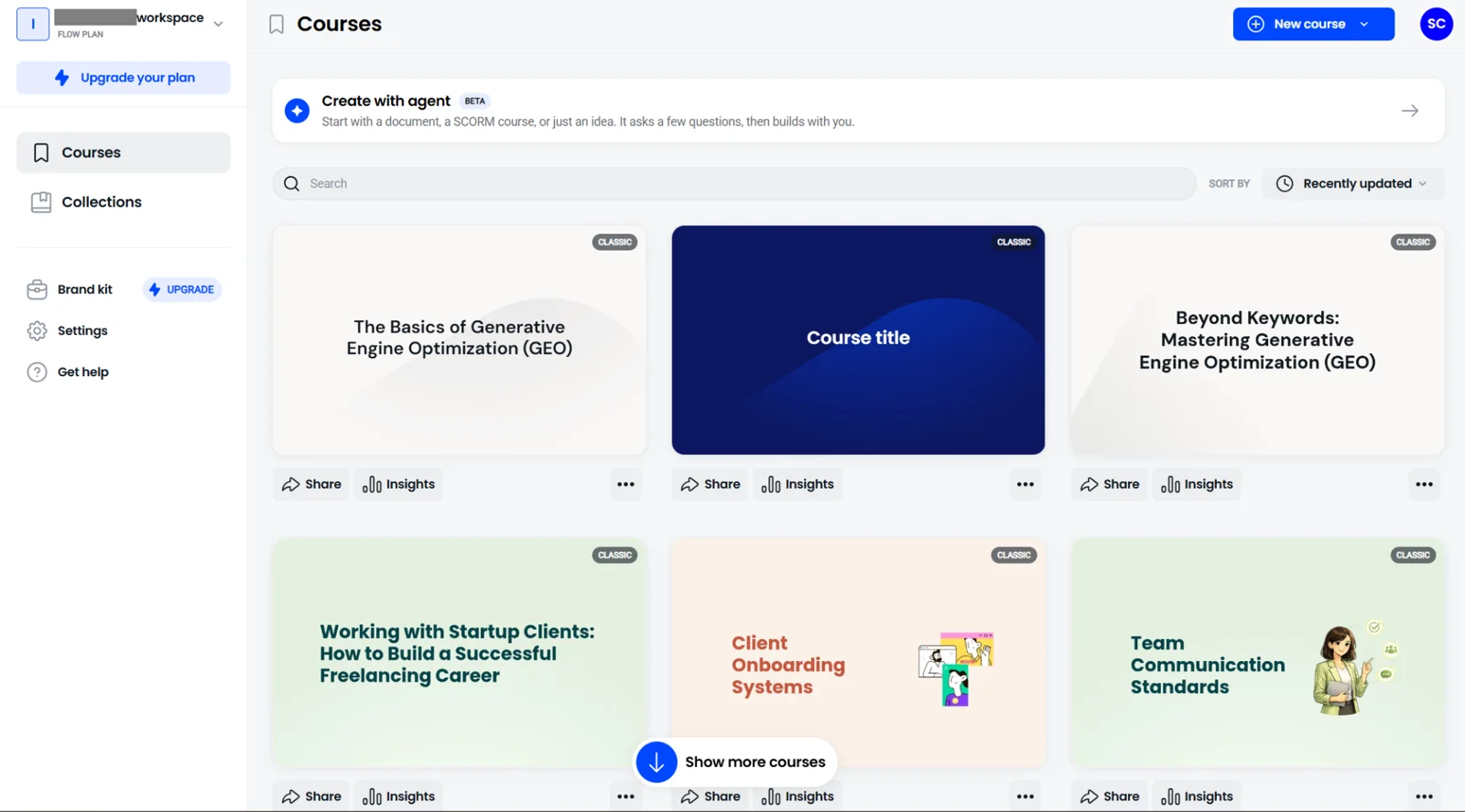 A Coassemble courses workspace with AI-assisted course creation, showing the authoring and delivery capability layer a product builds on
