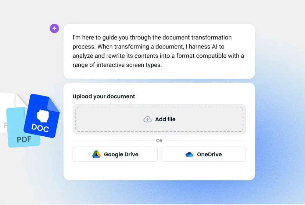 Coassemble’s AI document transform: upload a PDF or doc, or import from Google Drive or OneDrive