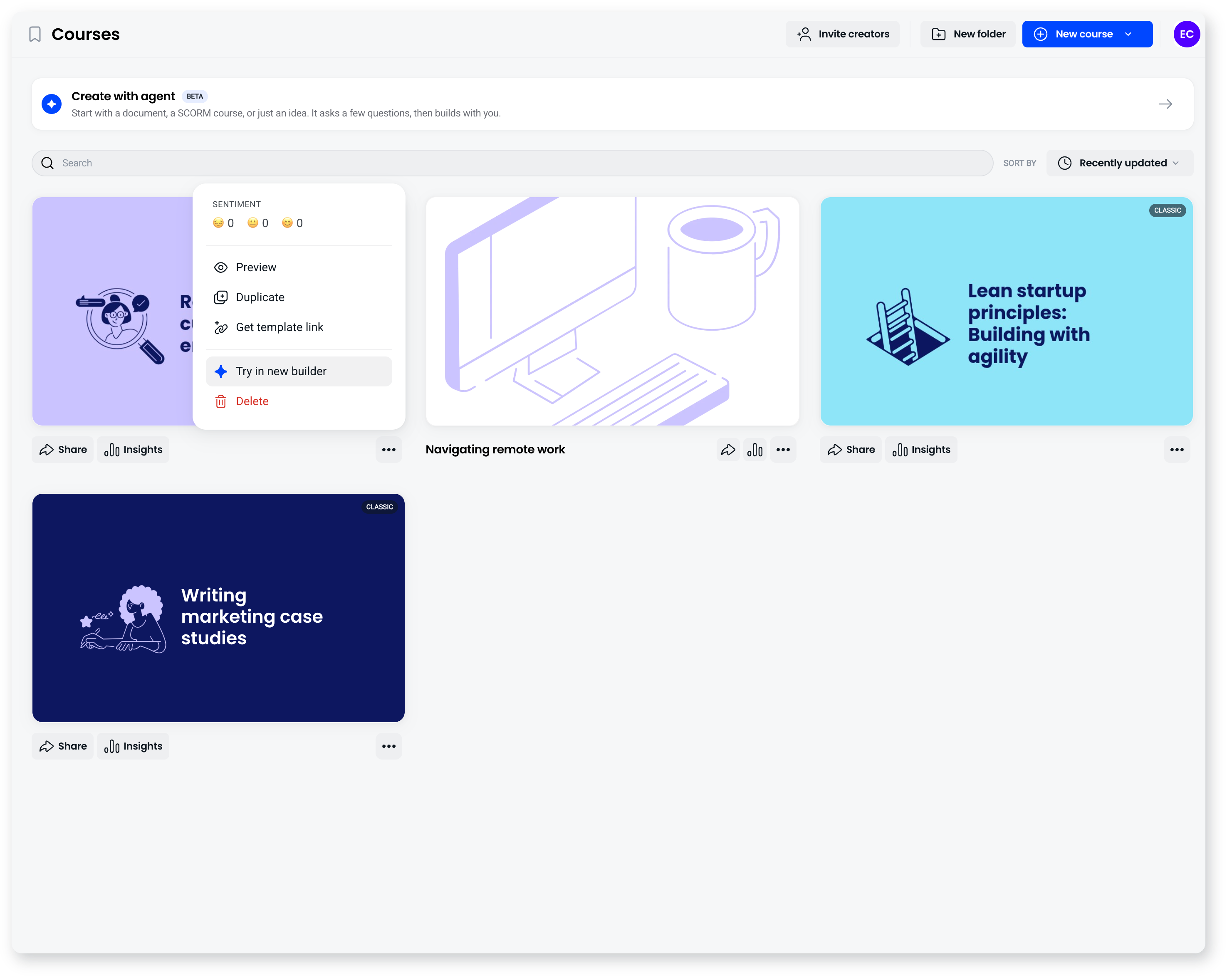 Courses dashboard with a course card's three-dot menu open, showing Preview, Duplicate, Get template link, Try in new builder and Delete