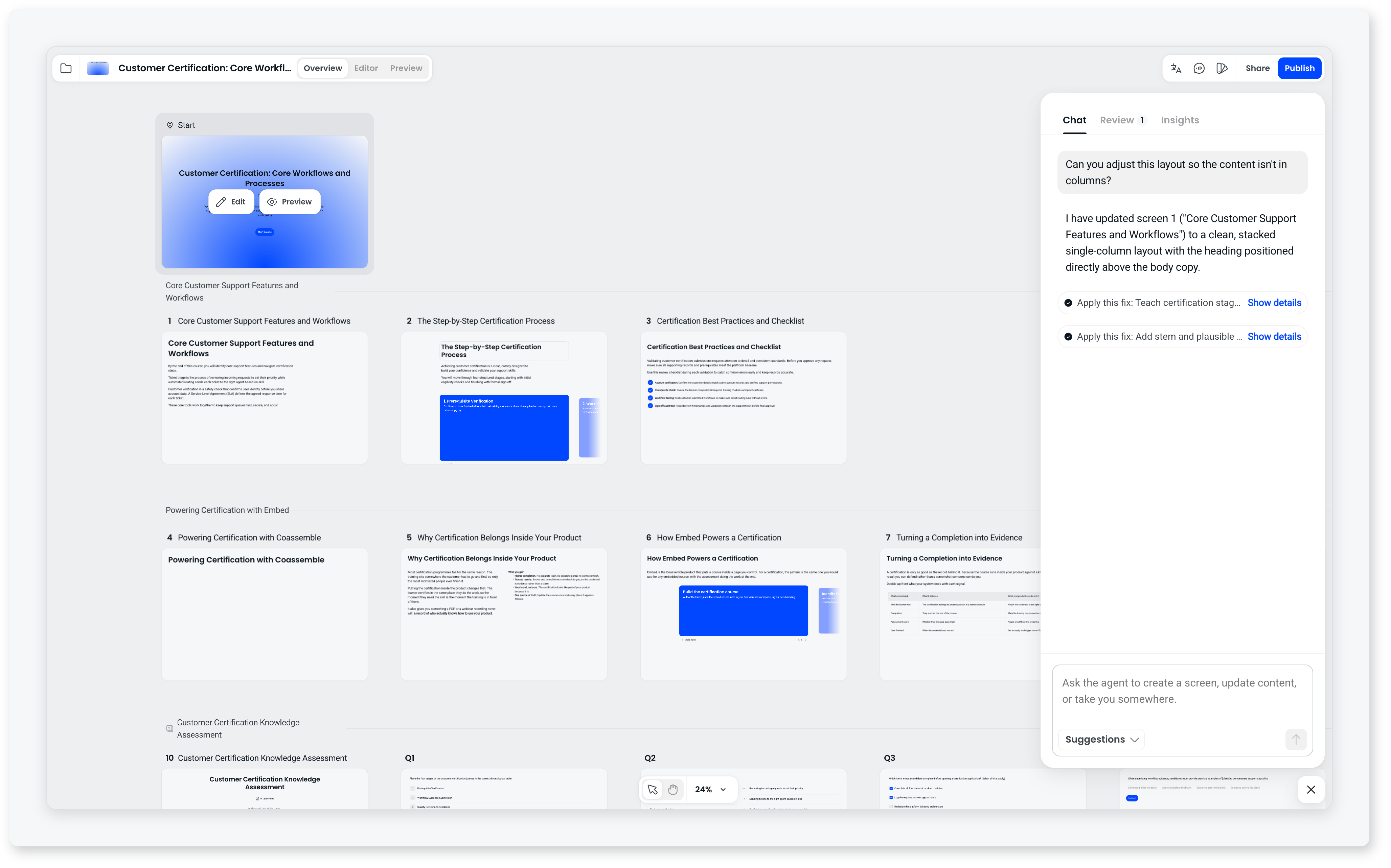 Agent panel open in the course builder on the Chat tab, with Review and Insights tabs beside it and the Suggestions button under the chat box