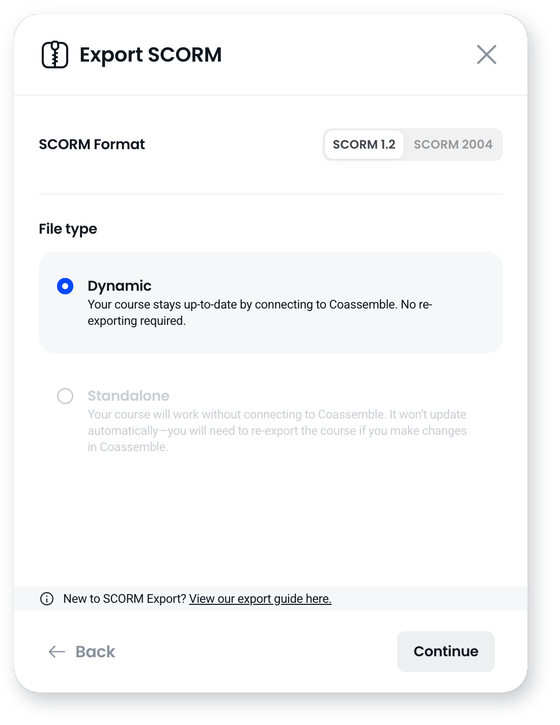 The Export SCORM dialog, with a choice of SCORM 1.2 or 2004 and Dynamic or Standalone file types
