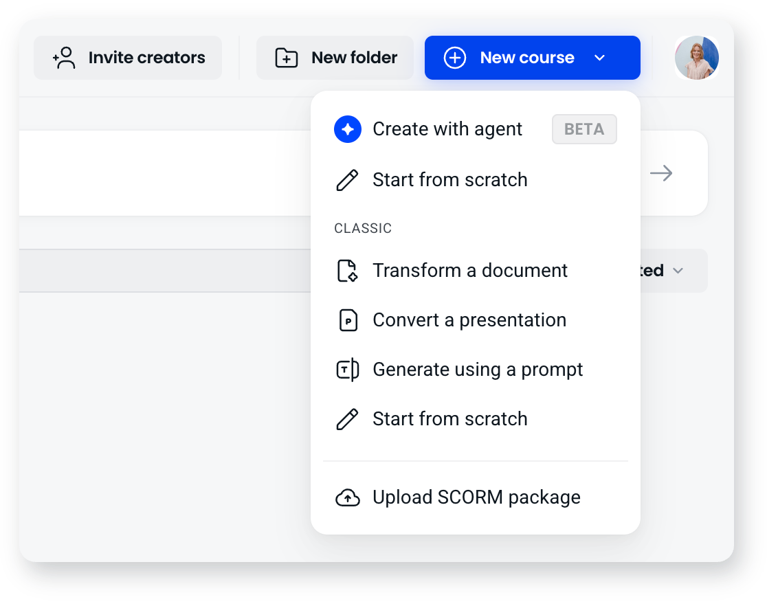 New course menu showing Create with agent, Start from scratch, and the Classic options below