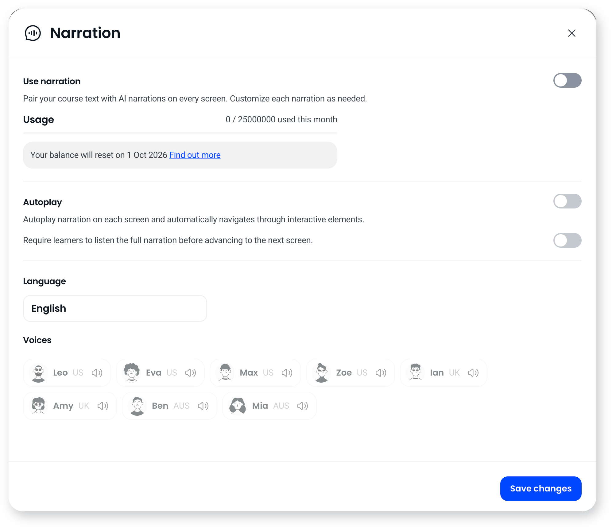 Narration settings with the Use narration toggle, autoplay options, language set to English and a choice of voices