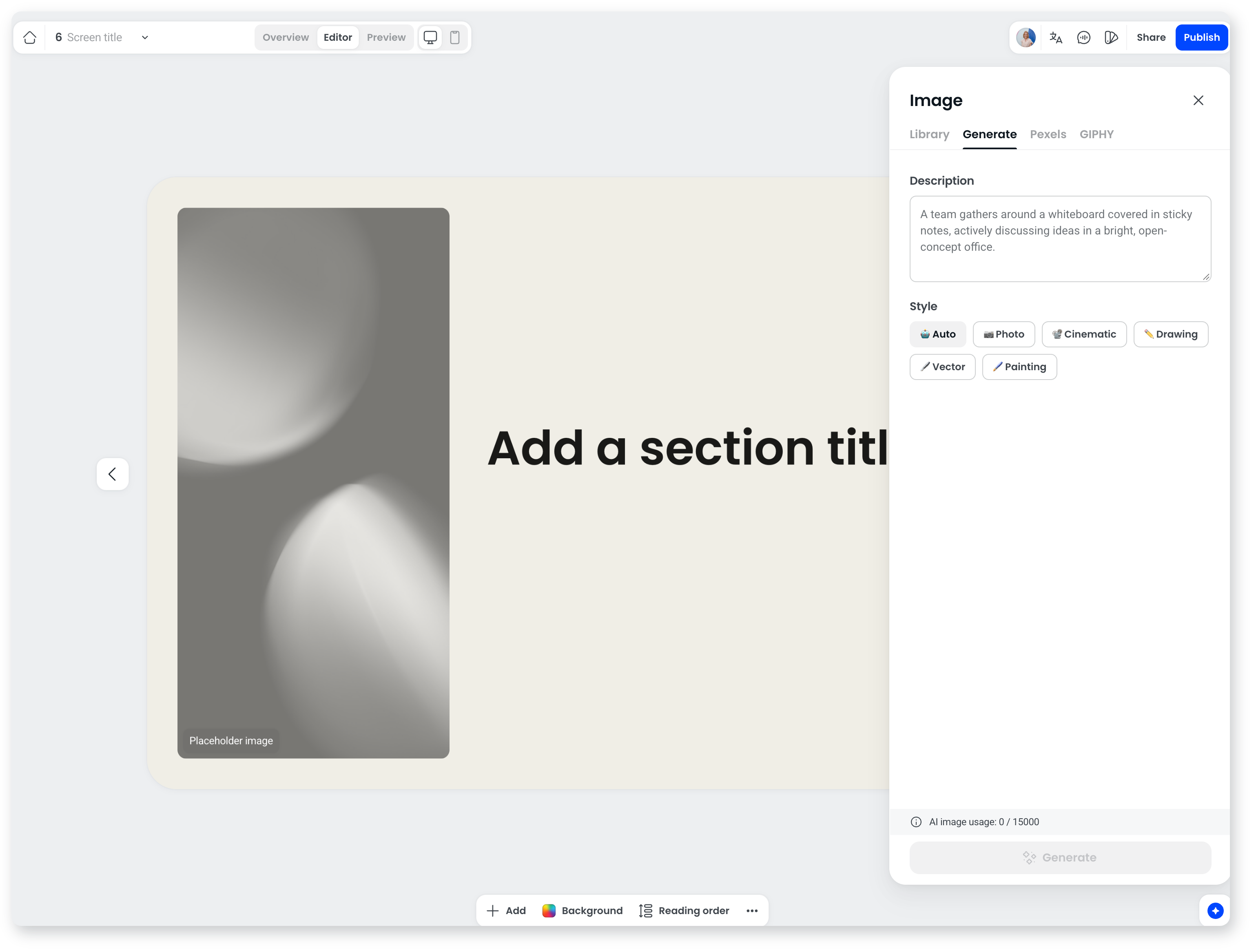 Image panel on the Generate tab with a description box and style options: Auto, Photo, Cinematic, Drawing, Vector and Painting