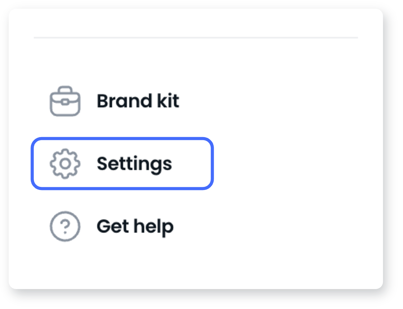 Left-hand menu with Settings highlighted, between Brand kit and Get help