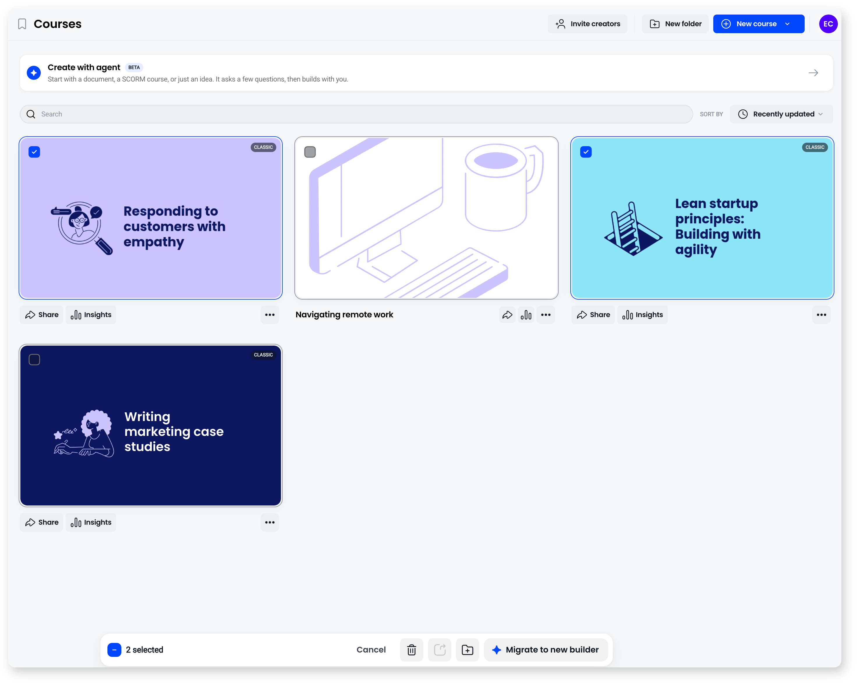 Courses dashboard with two Classic courses ticked and Migrate to new builder in the toolbar at the bottom