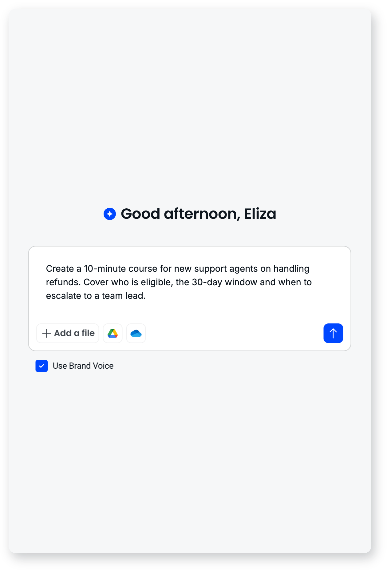 Create with agent prompt box with a course request typed in, file upload options and Use Brand Voice ticked