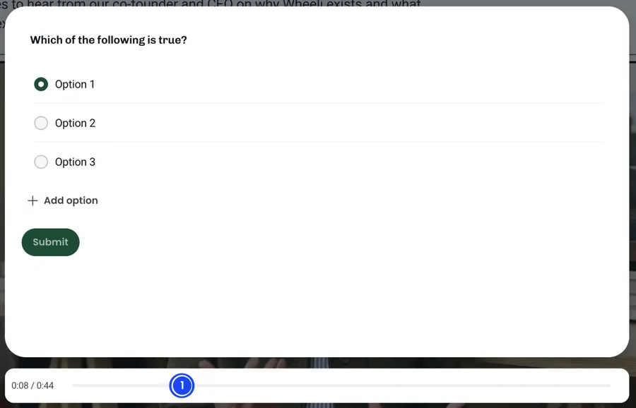 A multiple choice question pinned to a video at 0:08, open for editing above the question timeline