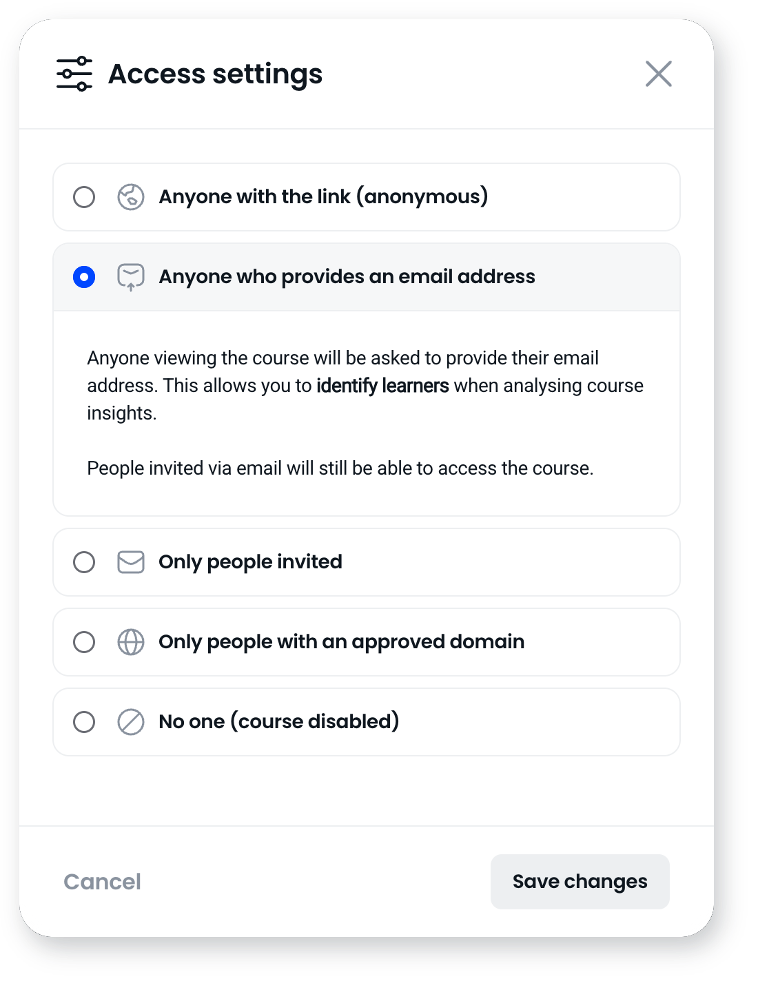 Access settings with Anyone who provides an email address selected, explaining that this identifies learners in course insights