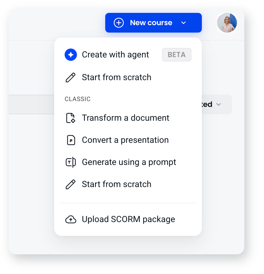 The New course menu open, showing Create with agent and Start from scratch, the Classic options, and Upload SCORM package