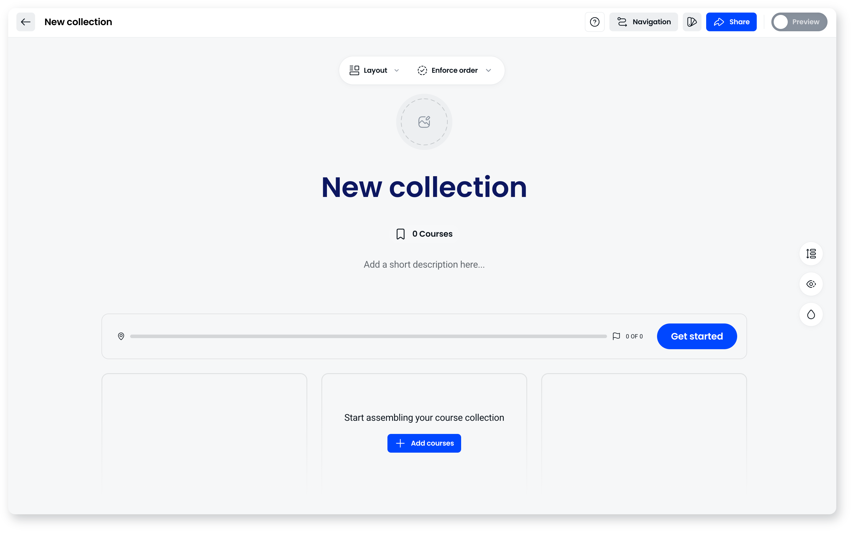 Empty new collection with a title, description field and Add courses button