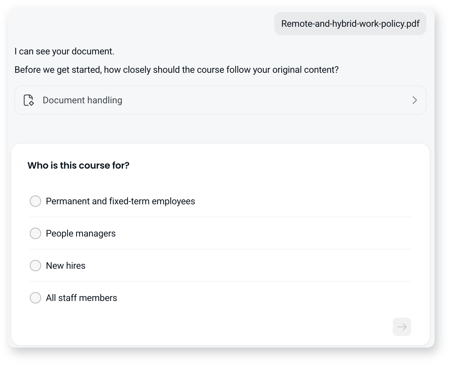 The agent asking who the course is for, with audience options suggested from the uploaded document
