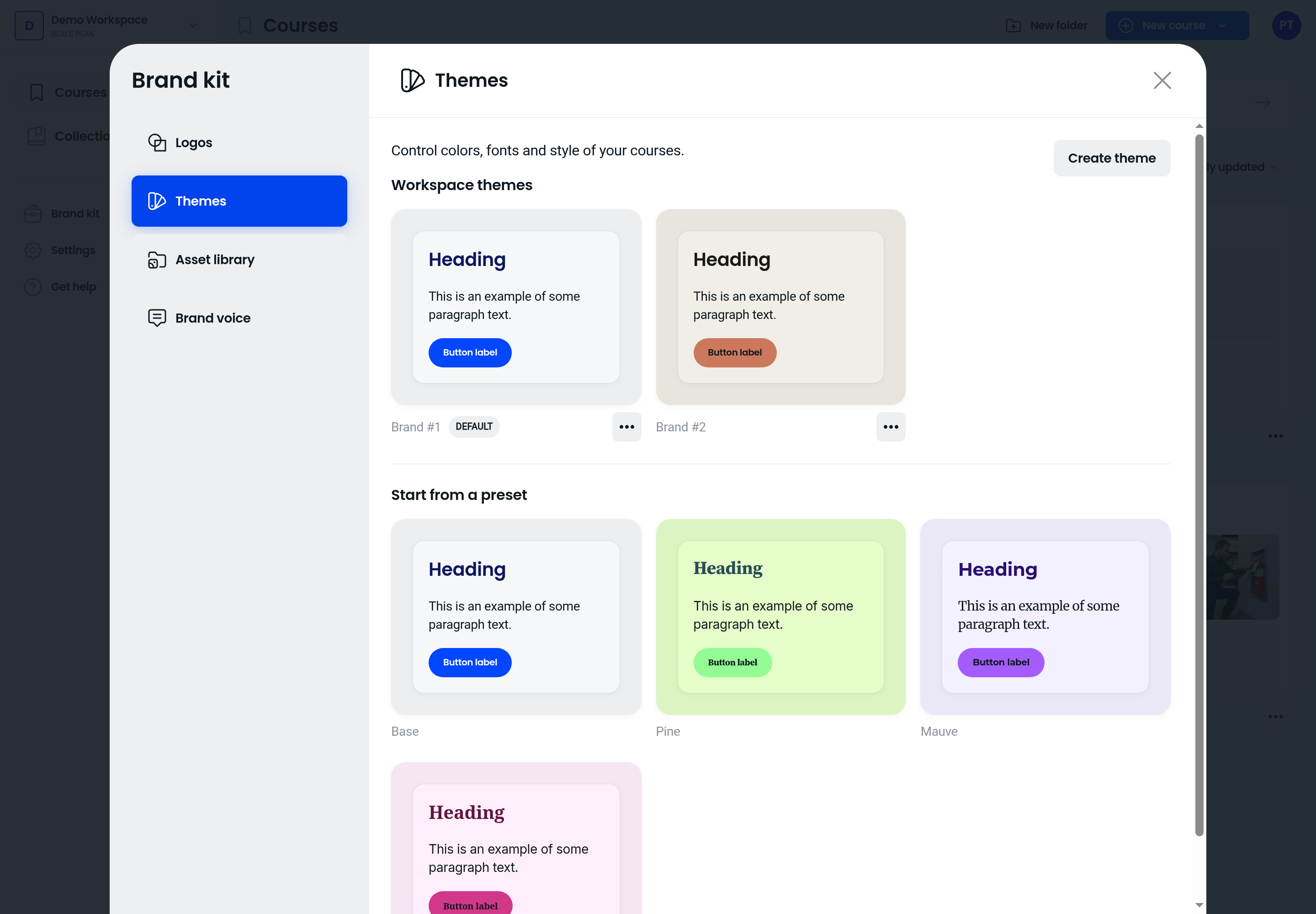 Brand kit modal with Themes tab selected