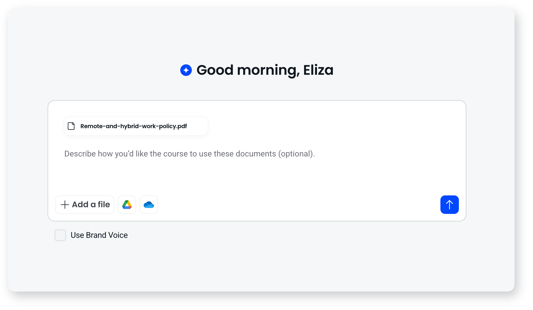 Create with agent with a PDF attached, a box to describe how the course should use it, and buttons to add files from Google Drive or OneDrive
