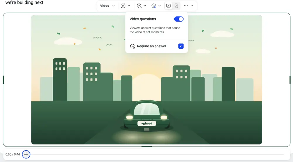A video block in the course builder with Video questions switched on, Require an answer ticked, and the question timeline below the video