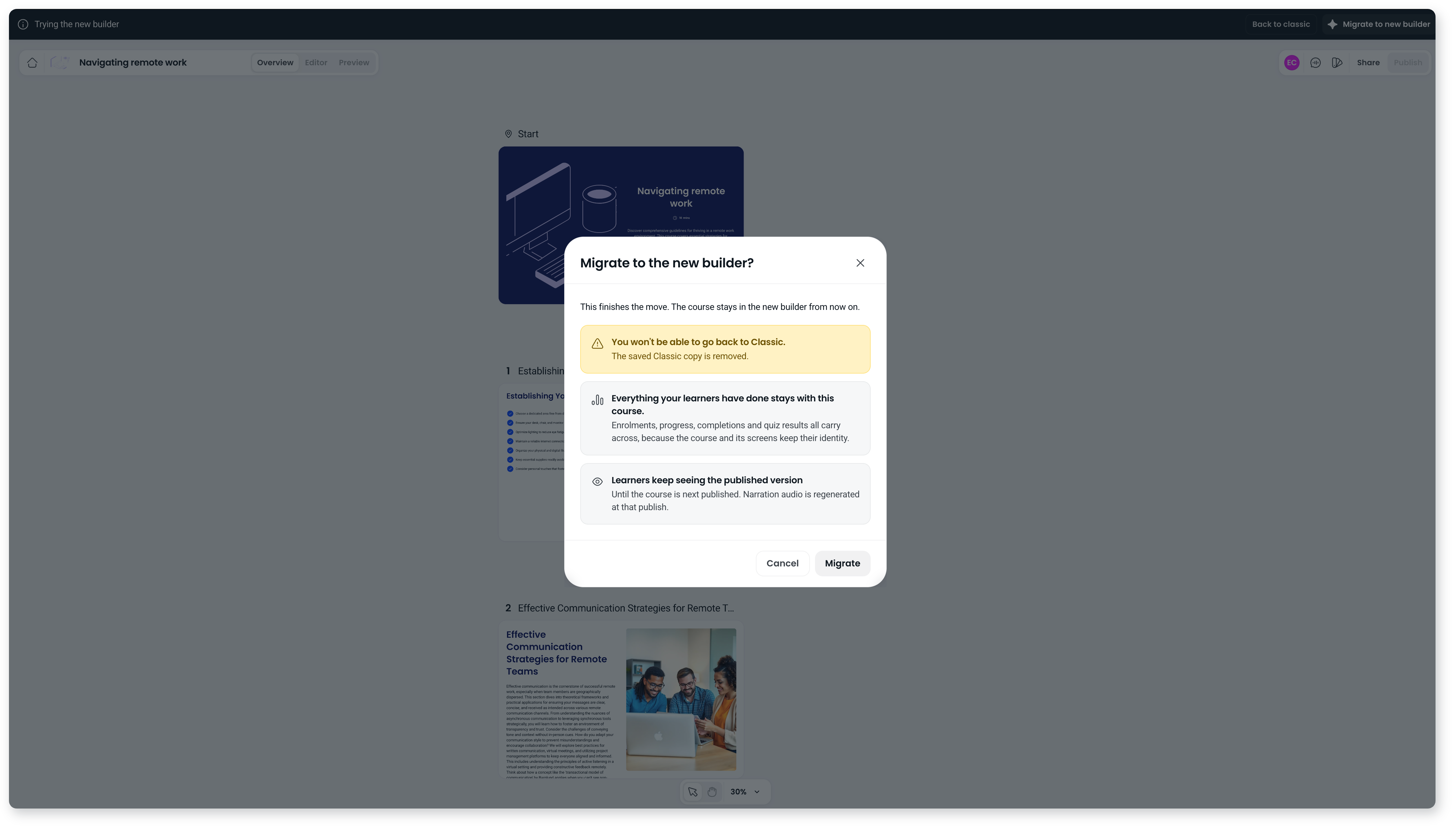 Migrate to the new builder confirmation warning that you can't go back to Classic, with Cancel and Migrate buttons