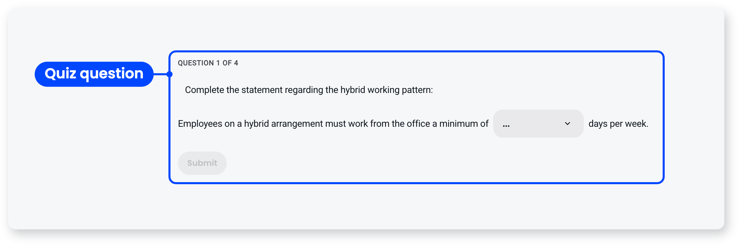 Quiz question block asking learners to complete a statement about hybrid work by choosing from a dropdown