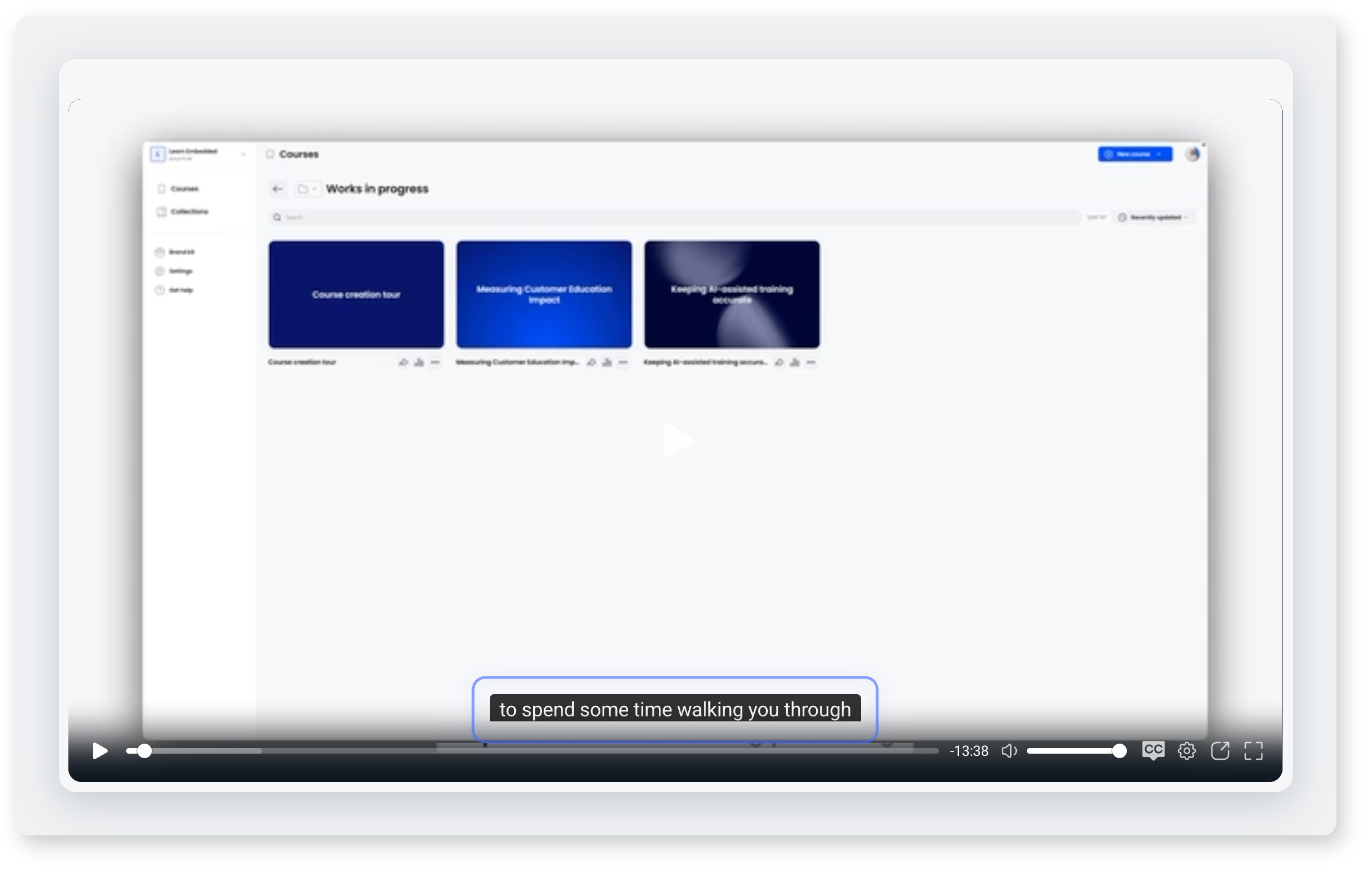 Video playing in a course with a caption line at the bottom of the frame and the CC button in the player controls