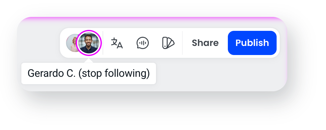 Builder header with a followed collaborator's avatar ringed in their colour and a tooltip offering to stop following