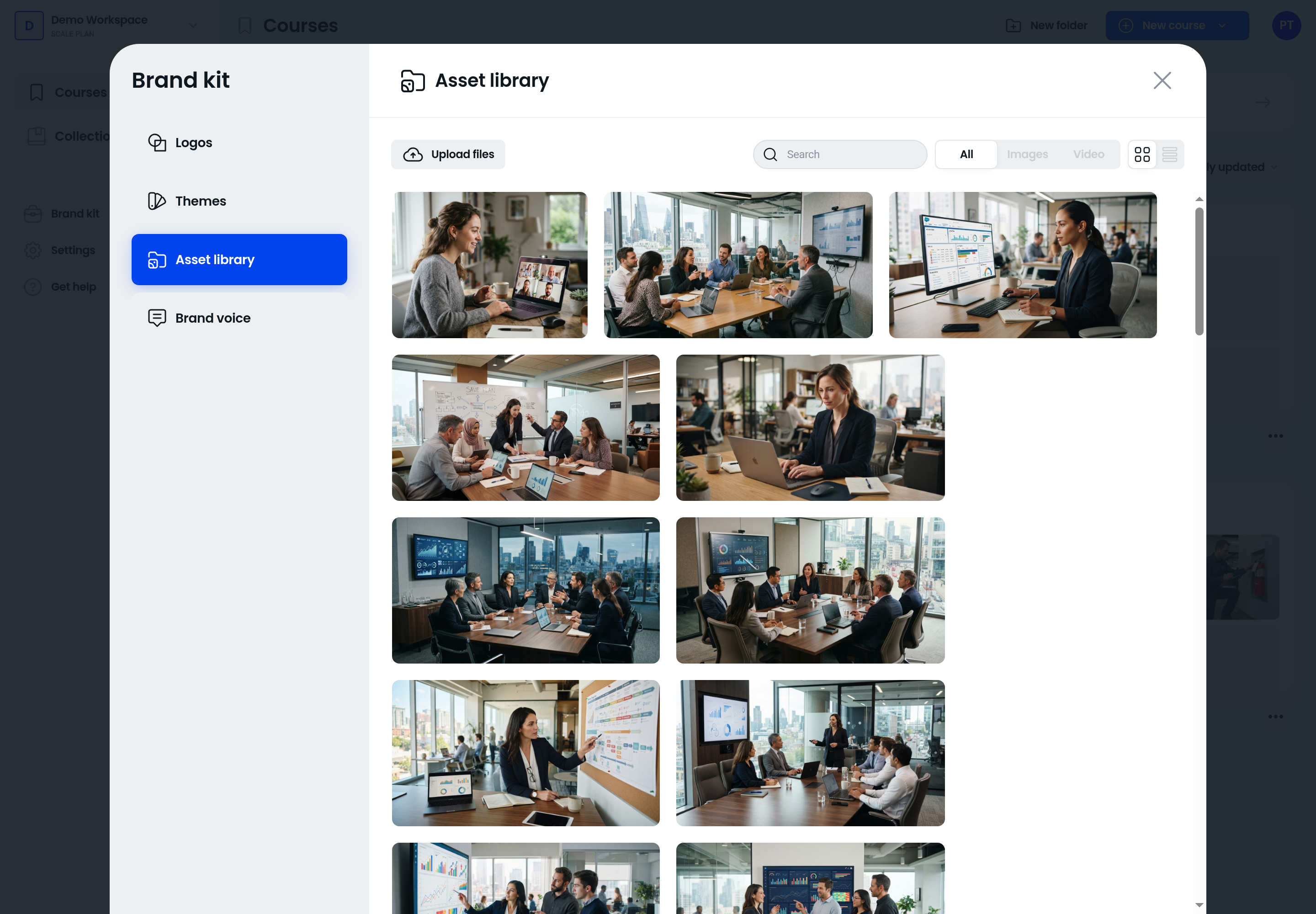 Brand kit modal with Asset library section selected