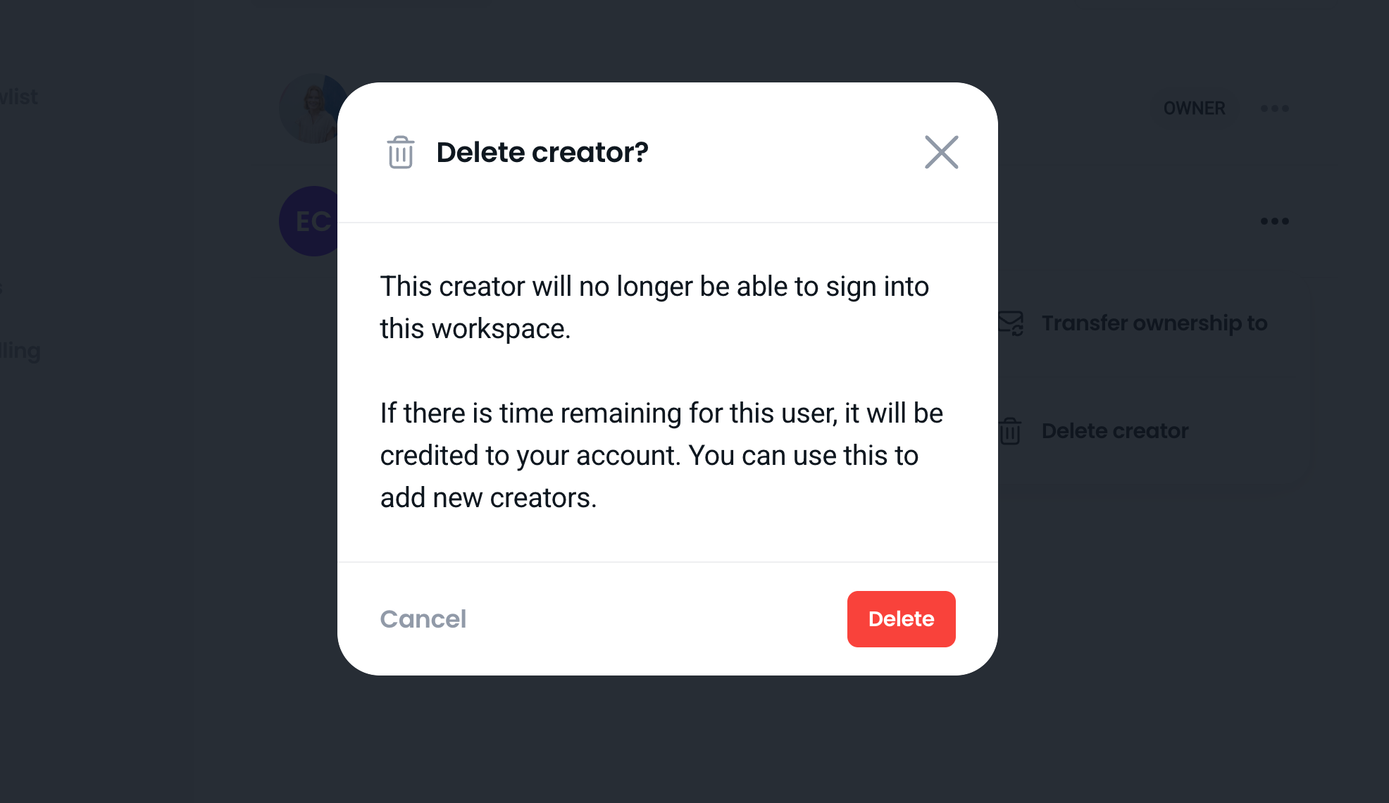 Deleting a creator