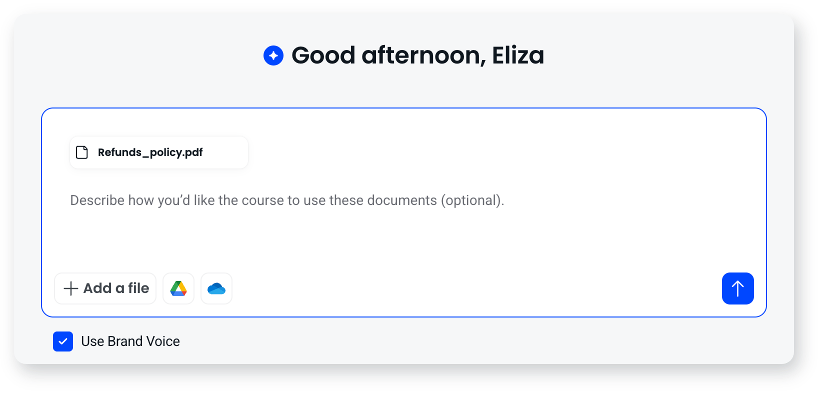 Create with agent prompt box with a PDF attached and an optional field to describe how to use the document