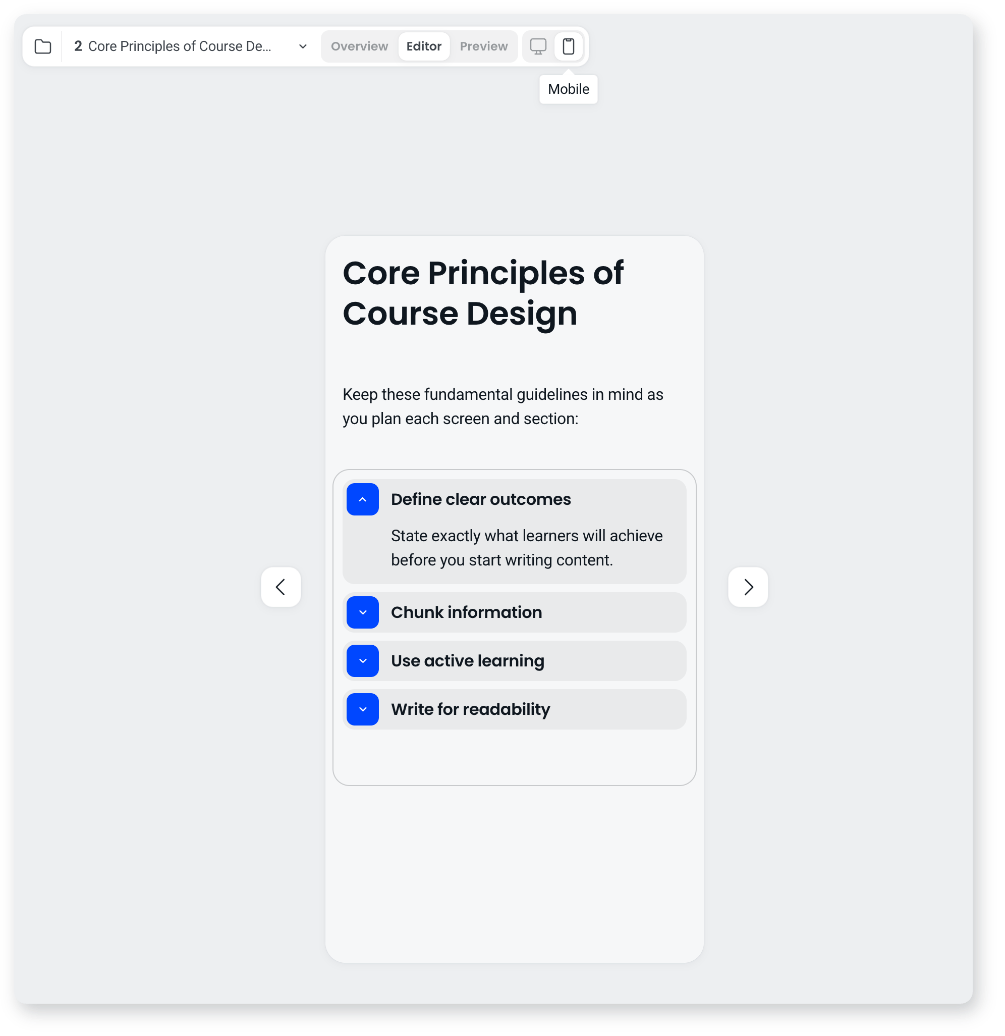 Course editor in Mobile view showing a screen's blocks stacked for a phone