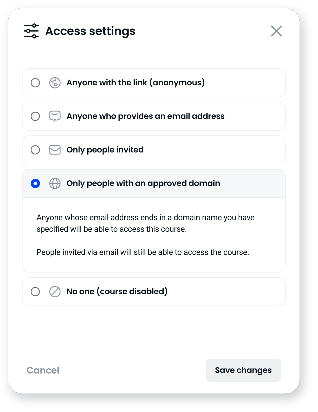 Access settings with Only people with an approved domain selected, explaining that anyone with an email on a specified domain can access the course