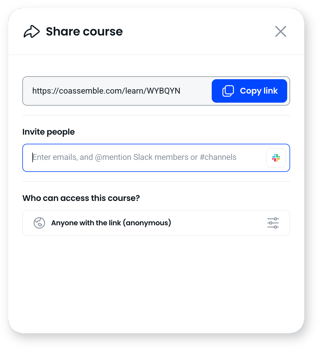 The Share course dialog with the course link and Copy link button, a field to invite people by email or Slack, and the current access setting