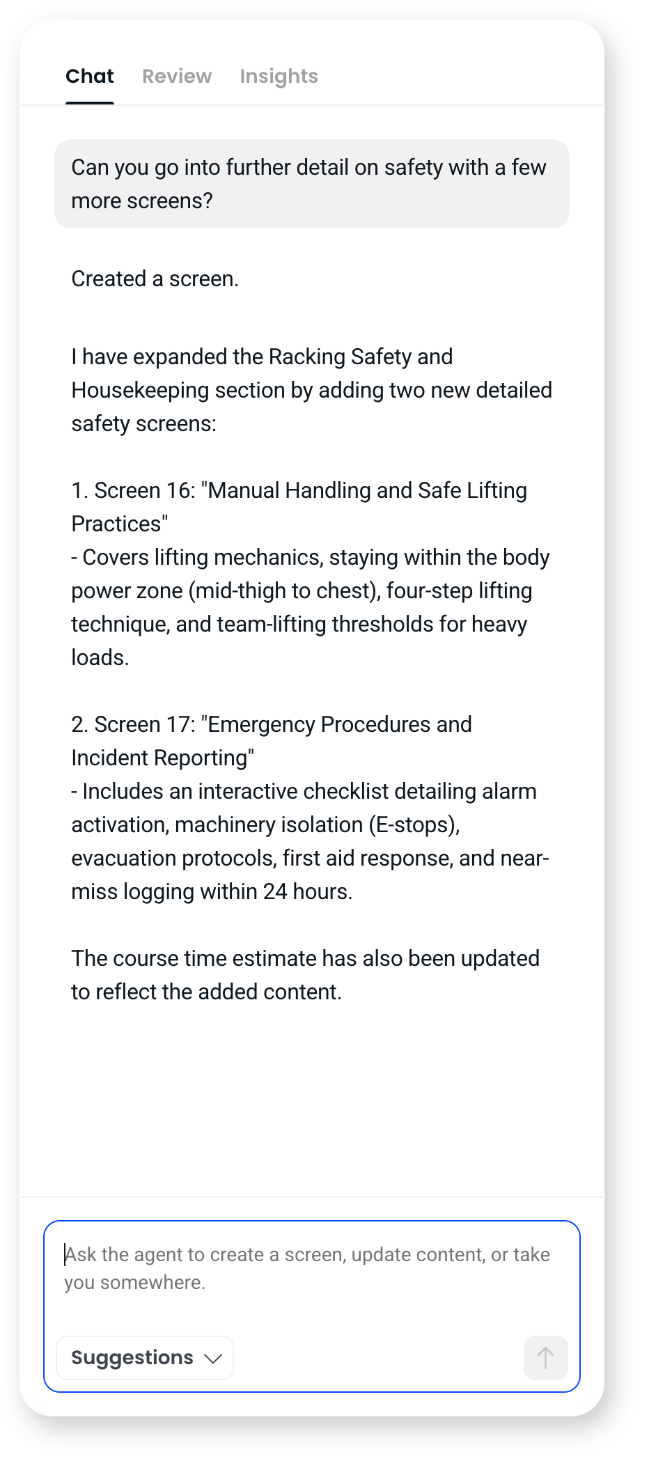 The agent's Chat tab replying to a request for more safety screens, listing the two screens it added and noting the updated course time