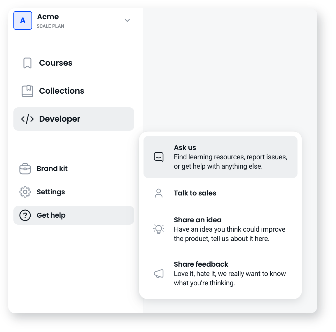 The Get help menu in the Coassemble sidebar, with Ask us at the top, followed by Talk to sales, Share an idea and Share feedback