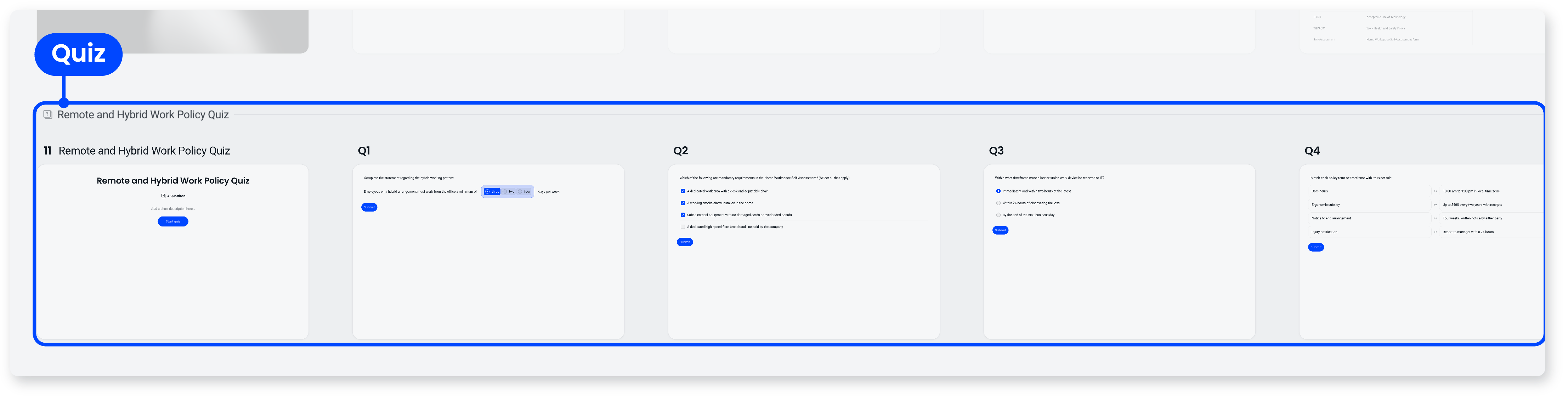 Scored quiz section with a cover screen followed by one screen for each of its four questions