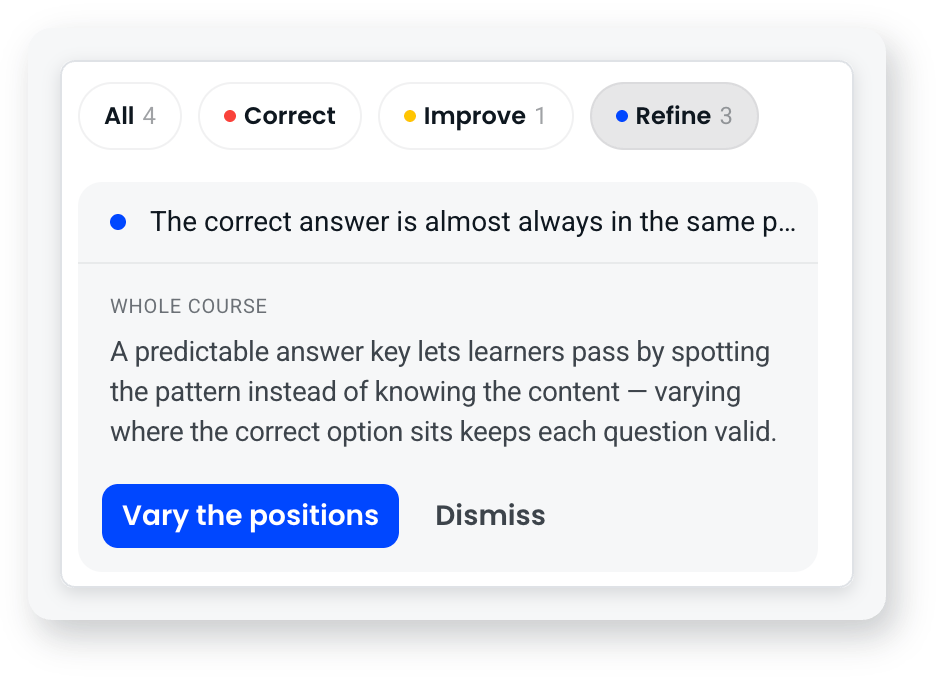 Review tab suggestion flagging a predictable answer key across the whole course, with Vary the positions and Dismiss buttons