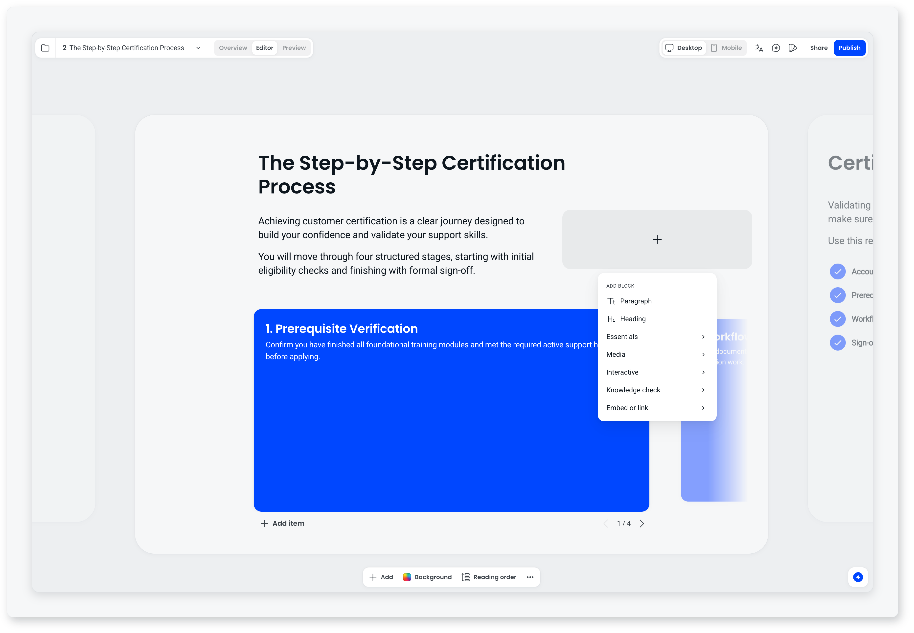 Add block menu open on a screen in the editor, listing Paragraph, Heading, Essentials, Media, Interactive, Knowledge check, and Embed or link