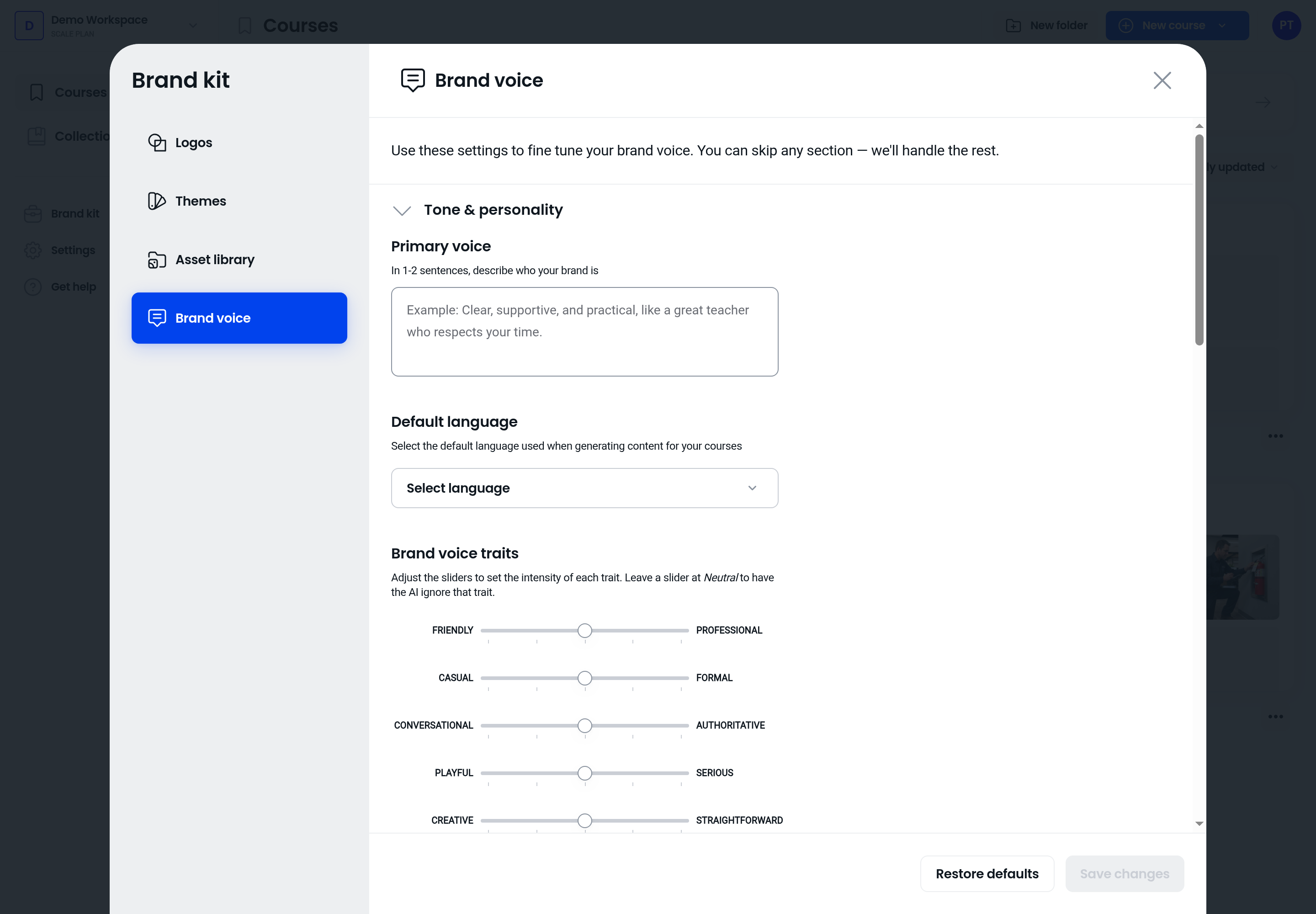 Brand kit dialog showing the Brand voice section and settings