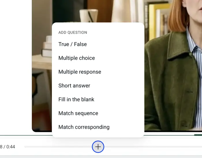 The Add question menu open on the video timeline at 0:08, listing the seven question types