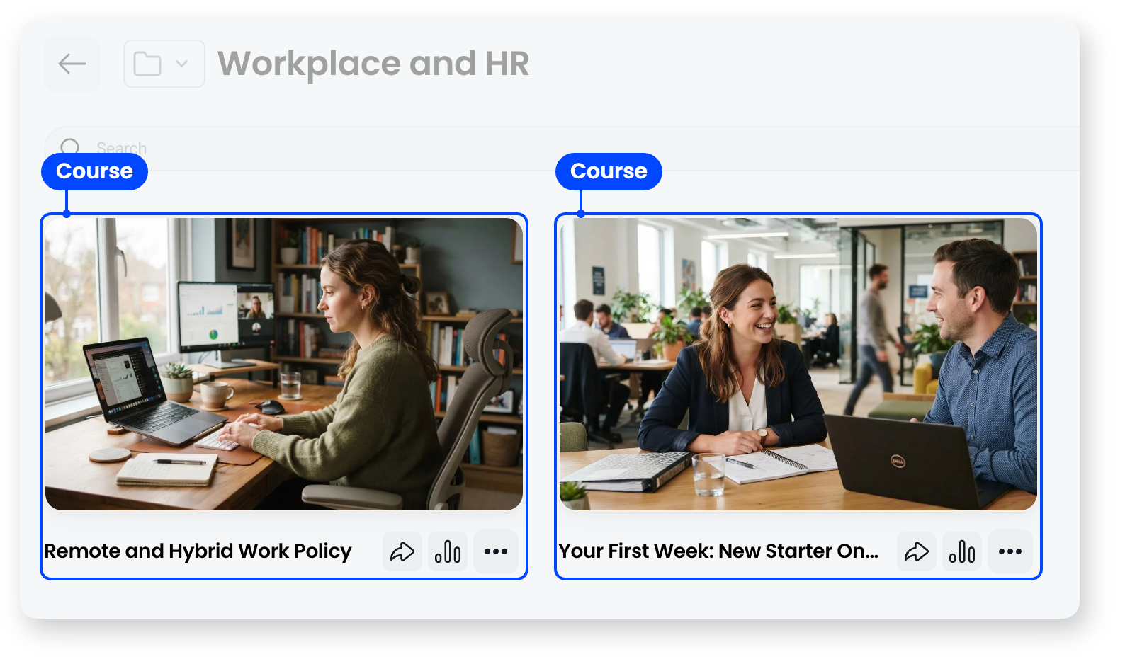 Two course cards in the Workplace and HR folder, each with a cover image, title, and Share, Insights and more buttons