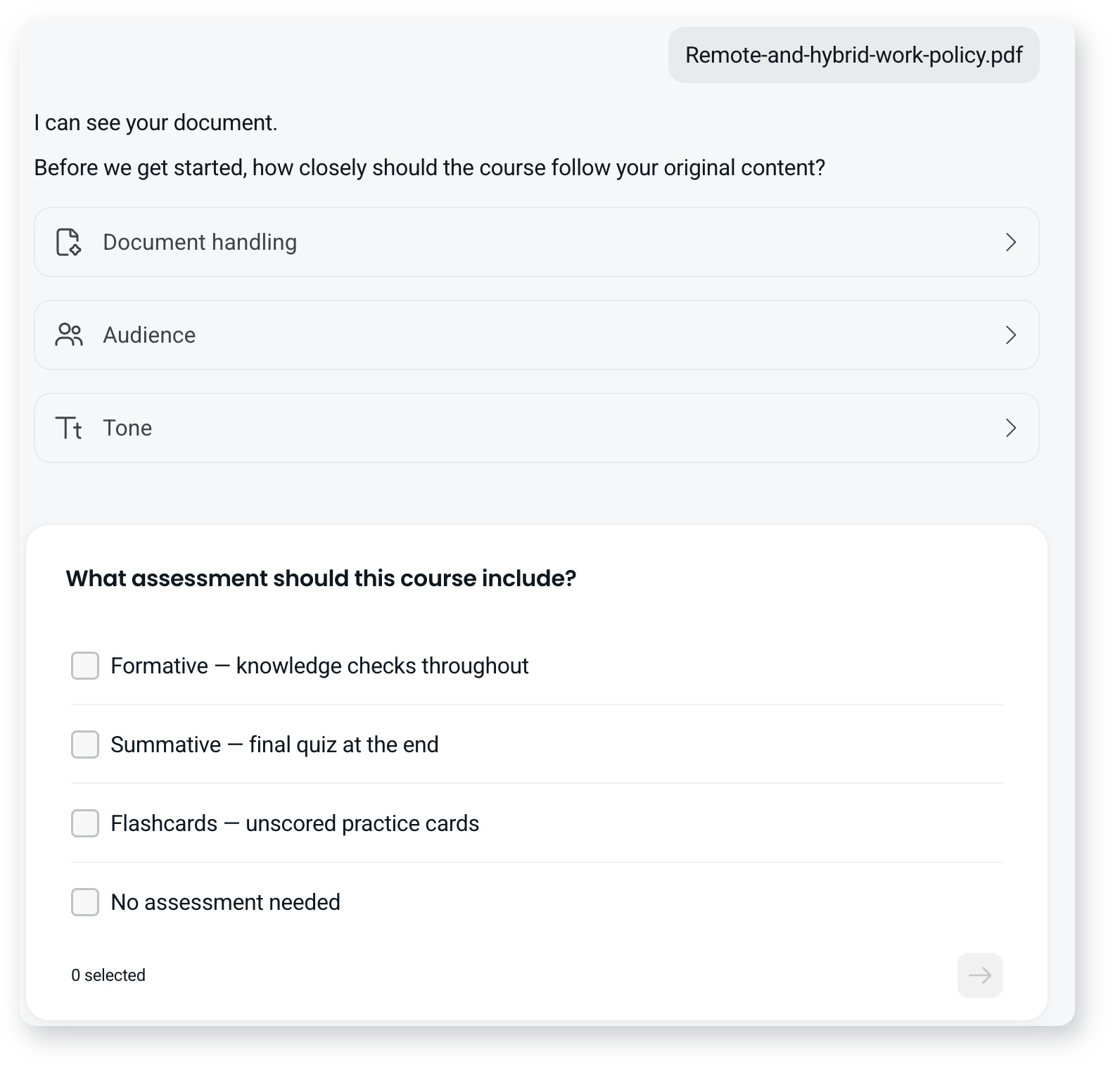 The agent asking what assessment the course should include: knowledge checks, a final quiz, flashcards or none